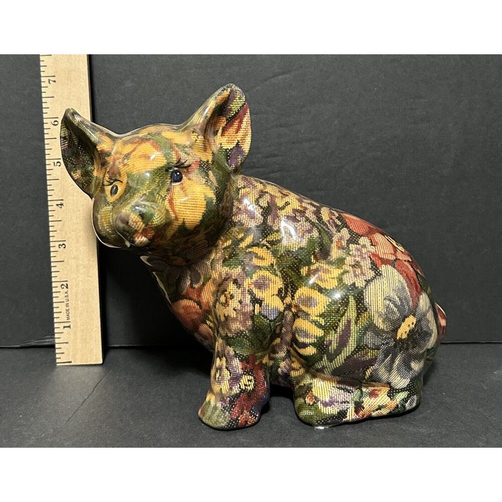 Chinz Flower Decoupage Pig Paper Mache Ceramic Piglet Statue Figurine Vintage‎